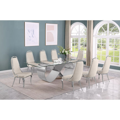 9Pc Tempered Glass Dining Set With 8 Cream Boucle Side Chairs And A Silver Base