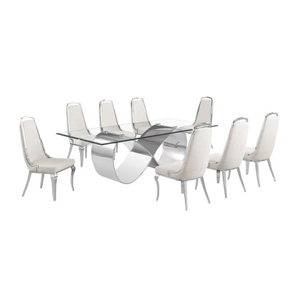 9Pc Tempered Glass Dining Set With 8 Cream Boucle Side Chairs And A Silver Base