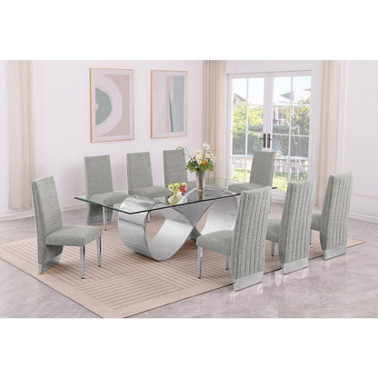 9Pc Tempered Glass Dining Set 8 Rich Gray Boucle Side Chairs And Silver Base