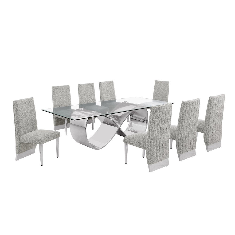 9Pc Tempered Glass Dining Set 8 Rich Gray Boucle Side Chairs And Silver Base