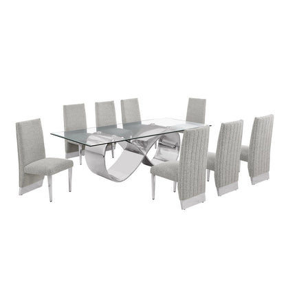 9Pc Tempered Glass Dining Set 8 Rich Gray Boucle Side Chairs And Silver Base