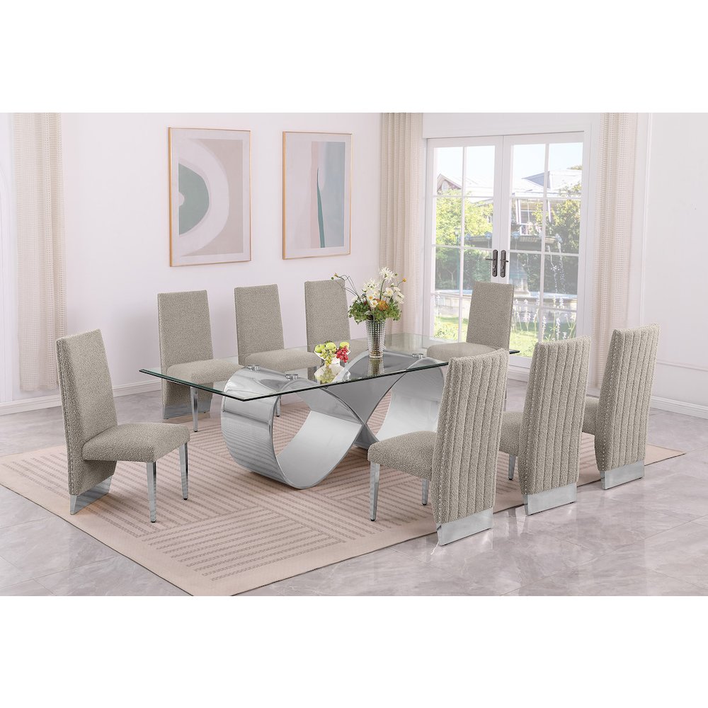9Pc Tempered Glass Dining Set With 8 Gray Boucle Side Chairs And Silver Base