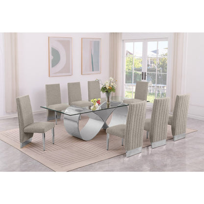 9Pc Tempered Glass Dining Set With 8 Gray Boucle Side Chairs And Silver Base