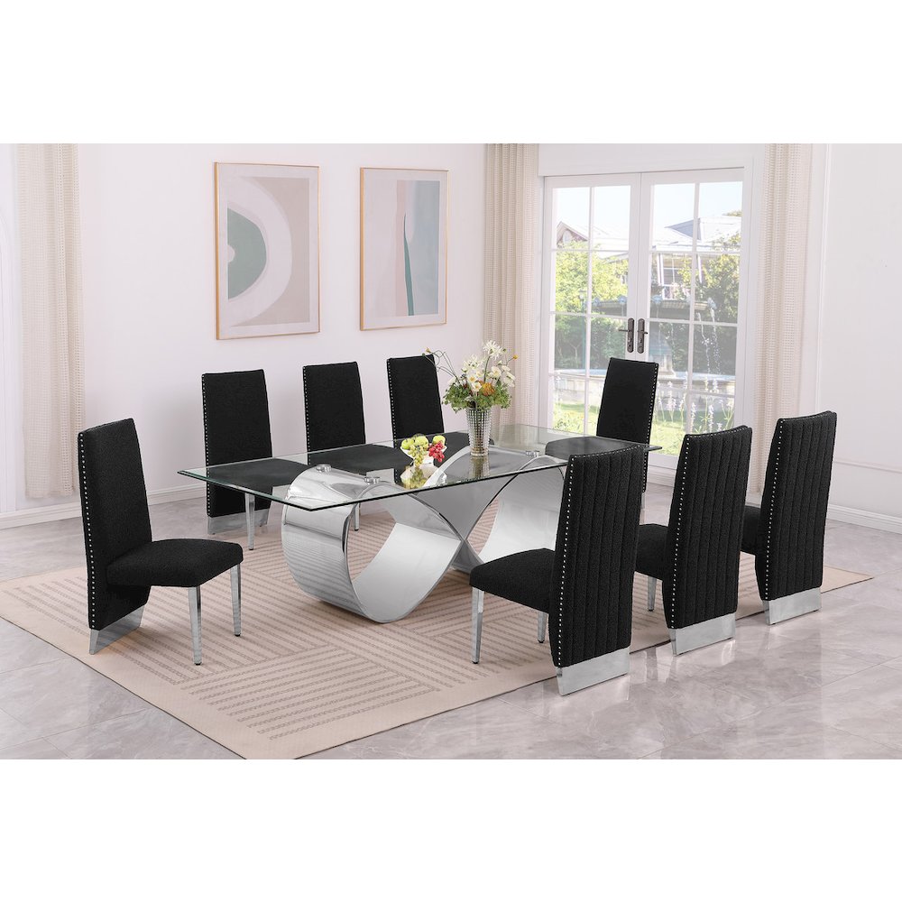 9Pc Tempered Glass Dining Set 8 Black Boucle Side Chairs And Silver Base