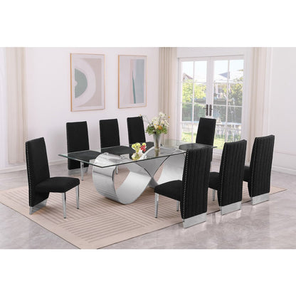 9Pc Tempered Glass Dining Set 8 Black Boucle Side Chairs And Silver Base
