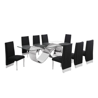 9Pc Tempered Glass Dining Set 8 Black Boucle Side Chairs And Silver Base