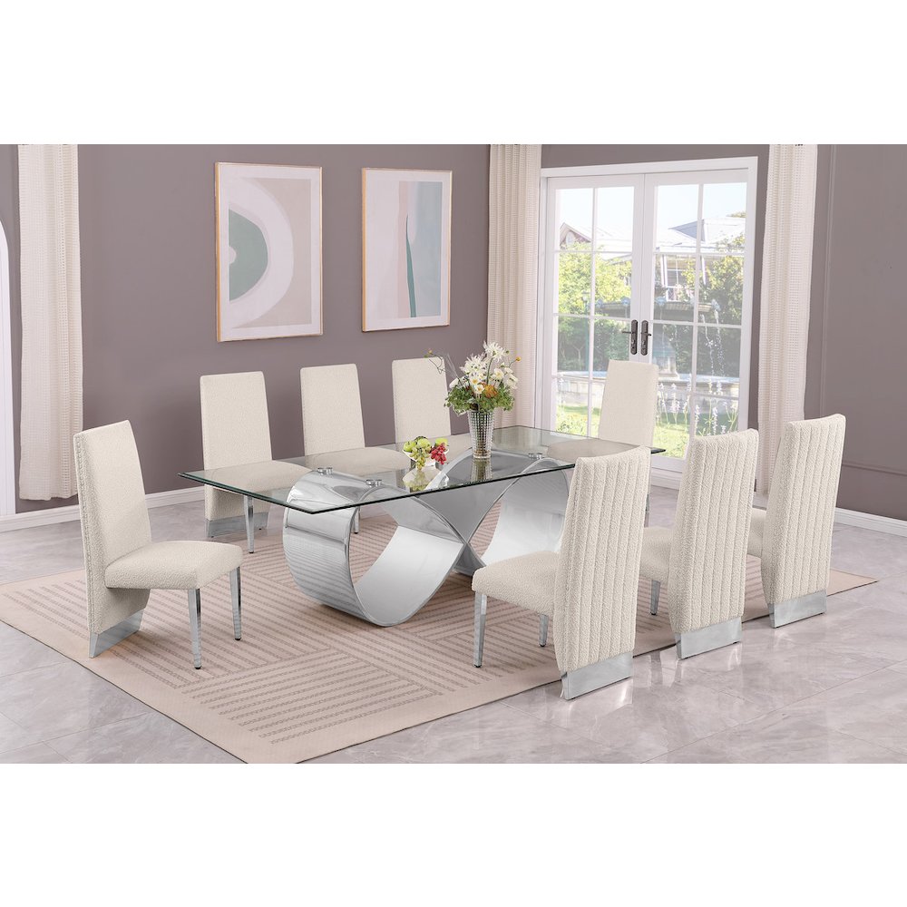 9Pc Tempered Glass Dining Set 8 Cream Boucle Side Chairs And Silver Base