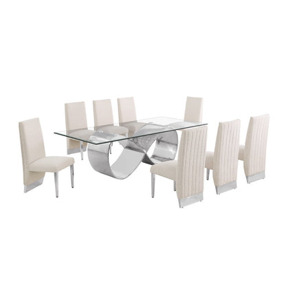 9Pc Tempered Glass Dining Set 8 Cream Boucle Side Chairs And Silver Base