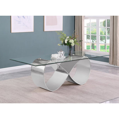 94X46 Tempered Glass Dining Table With An Infinity Silver Stainless Steel Base