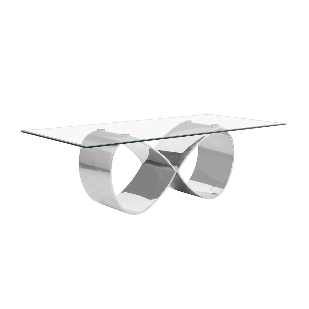 94X46 Tempered Glass Dining Table With An Infinity Silver Stainless Steel Base