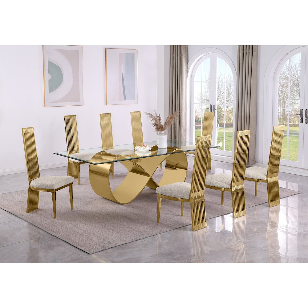 9Pc Tempered Glass Dining Set With 8 Cream Boucle Fabric Side Chairs