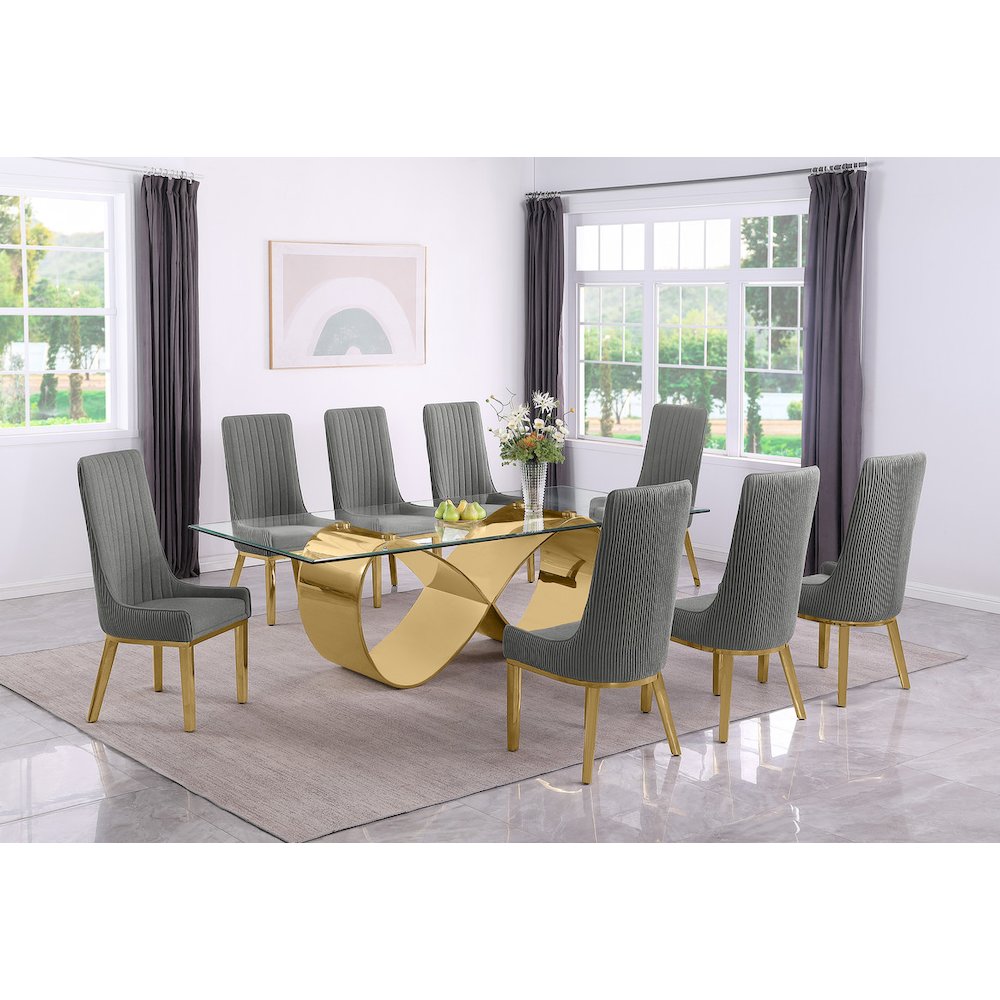 9Pc Tempered Glass Dining Set With 8 Dark Gray Boucle Side Chairs And Gold Base
