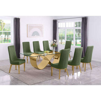 9Pc Tempered Glass Dining Set With 8 Green Boucle Side Chairs And Gold Base