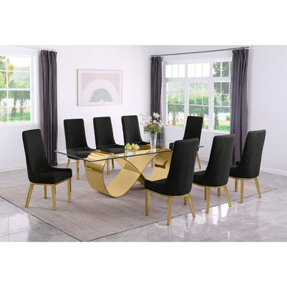 9Pc Tempered Glass Dining Set 8 Black Boucle Side Chairs And  Gold Base