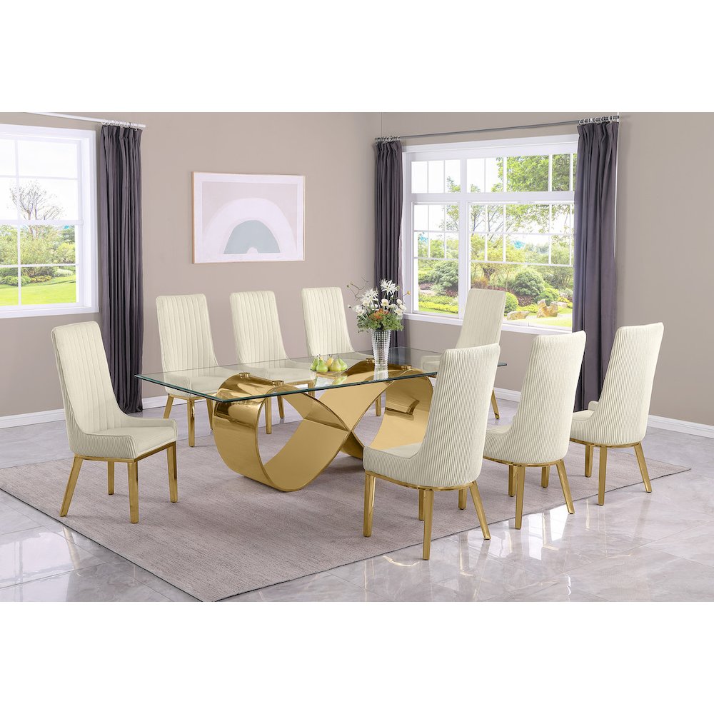 9Pc Tempered Glass Dining Set 8 Cream Boucle Side Chairs And Gold Base