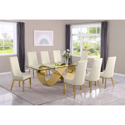 9Pc Tempered Glass Dining Set 8 Cream Boucle Side Chairs And Gold Base