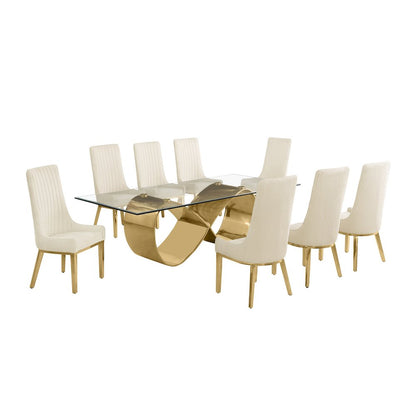 9Pc Tempered Glass Dining Set 8 Cream Boucle Side Chairs And Gold Base