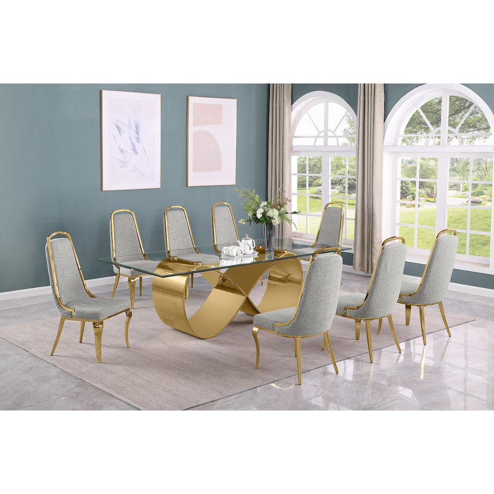 9Pc Tempered Glass Dining Set 8 Rich Gray Boucle Side Chairs And A Gold Base
