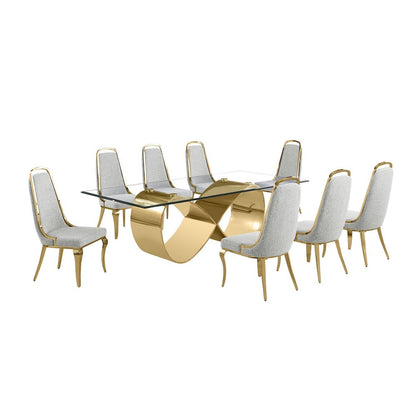 9Pc Tempered Glass Dining Set 8 Rich Gray Boucle Side Chairs And A Gold Base