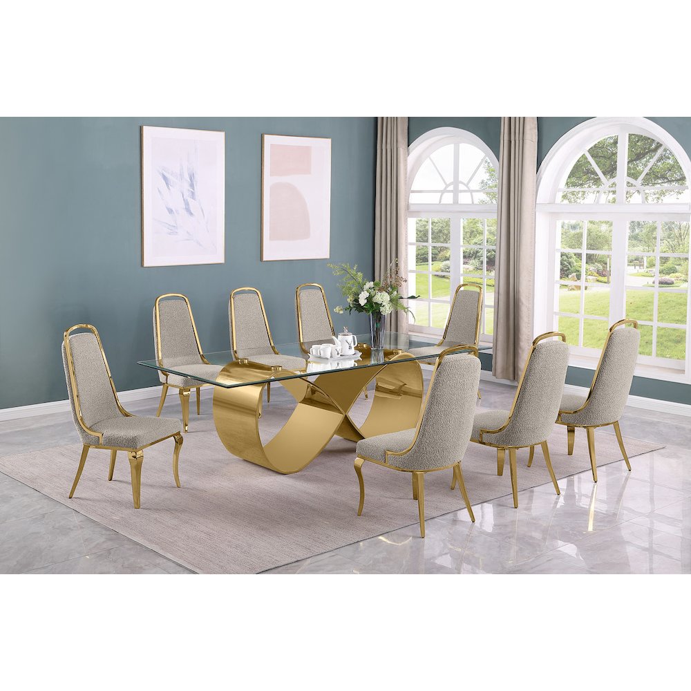 9Pc Tempered Glass Dining Set With 8 Gray Boucle Side Chairs And A Gold Base