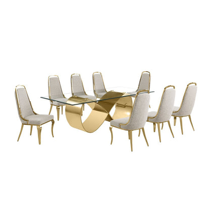 9Pc Tempered Glass Dining Set With 8 Gray Boucle Side Chairs And A Gold Base