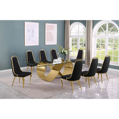 9Pc Tampered Glass Dining Set With 8 Black Boucle Side Chairs And A Gold Base