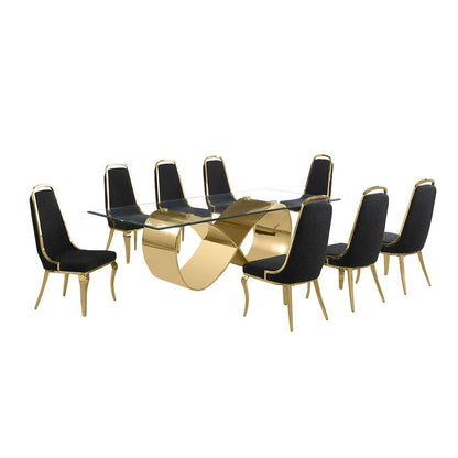 9Pc Tampered Glass Dining Set With 8 Black Boucle Side Chairs And A Gold Base
