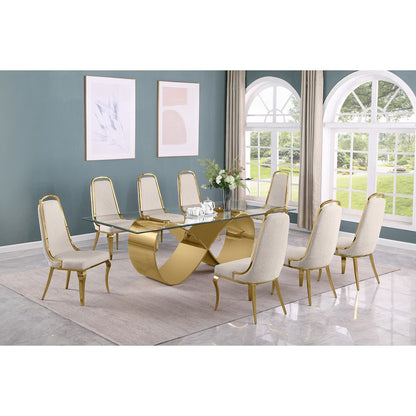 9Pc Tempered Glass Dining Set With 8 Cream Boucle Side Chairs And A Gold Base