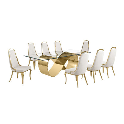 9Pc Tempered Glass Dining Set With 8 Cream Boucle Side Chairs And A Gold Base