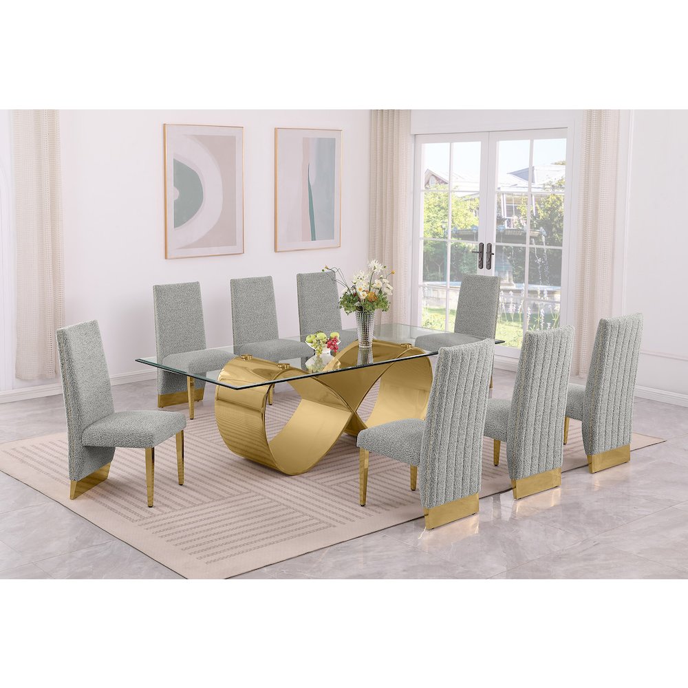 9Pc Tempered Glass Dining Set With 8 Rich Gray Boucle Chairs And Gold Base
