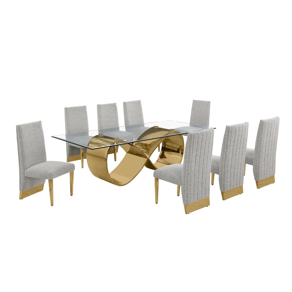9Pc Tempered Glass Dining Set With 8 Rich Gray Boucle Chairs And Gold Base