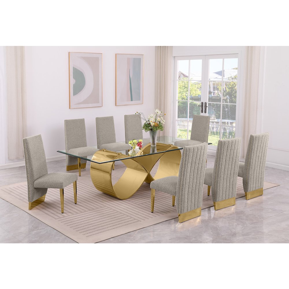 9Pc Tempered Glass Dining Set With 8 Gray Boucle Chairs And Gold Base