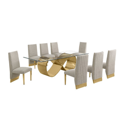 9Pc Tempered Glass Dining Set With 8 Gray Boucle Chairs And Gold Base