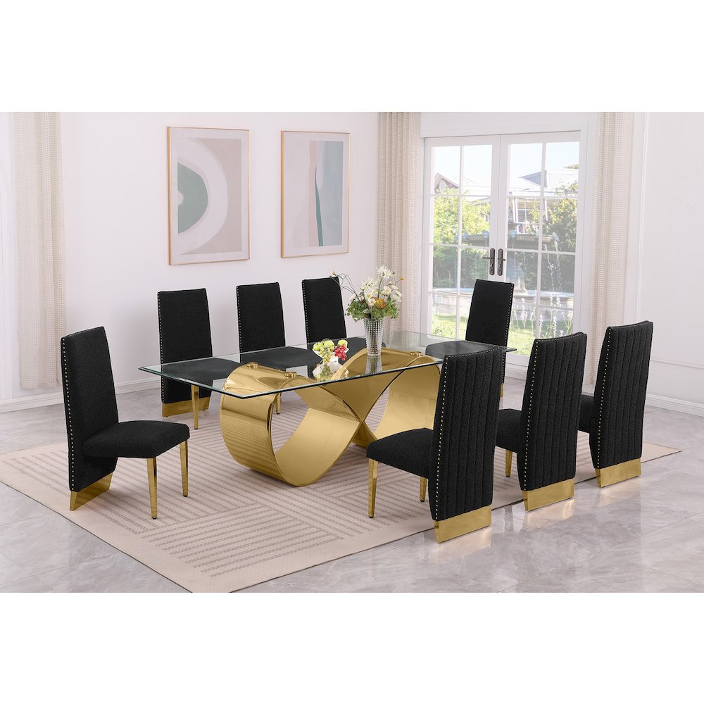 9Pc Tempered Glass Dining Set 8 Black Boucle Chairs And  Gold Base