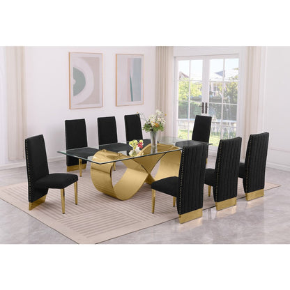 9Pc Tempered Glass Dining Set 8 Black Boucle Chairs And  Gold Base
