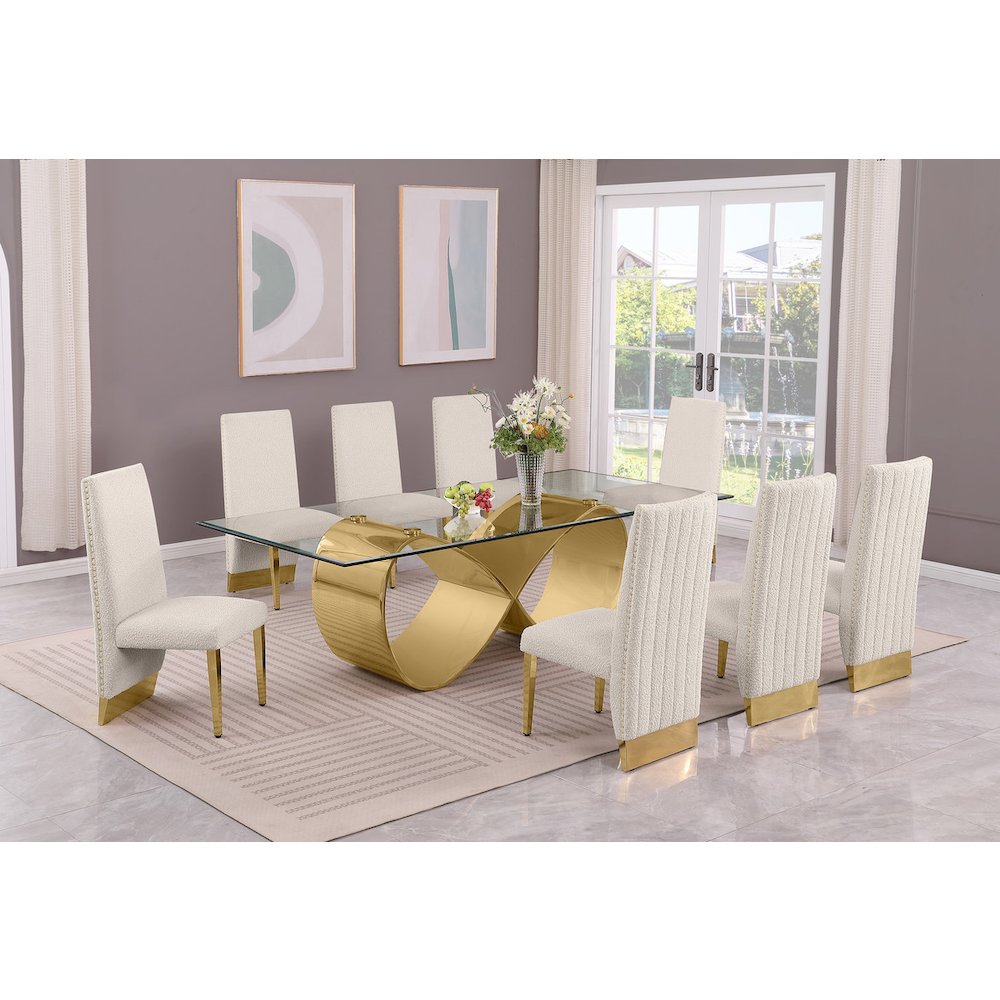 9Pc Tempered Glass Dining Set 8 Cream Boucle Chairs And Gold Base