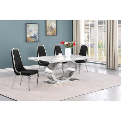 5pc Small(68") marble top dining set with silver base and 4 Black side chairs