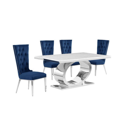 5pc Small(68") marble top dining set with silver base and 4 Navy blue chairs