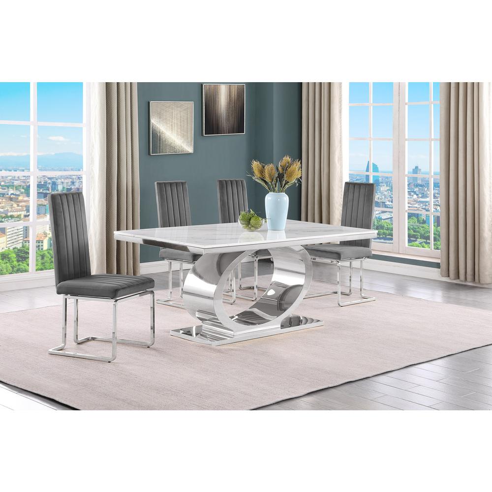5pc Small(68") marble top dining set with silver base and 4 Dark grey chairs