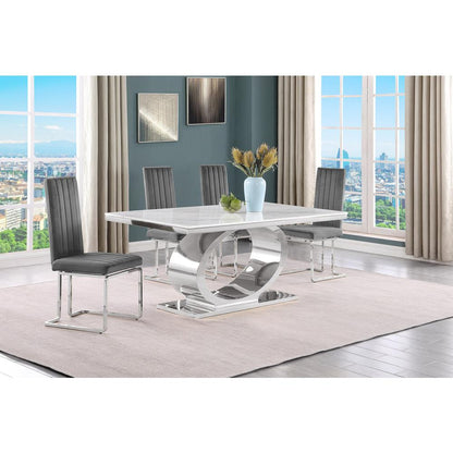 5pc Small(68") marble top dining set with silver base and 4 Dark grey chairs