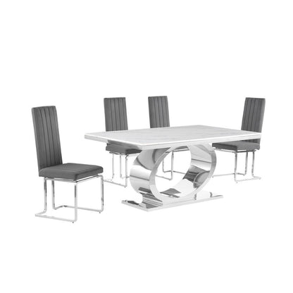 5pc Small(68") marble top dining set with silver base and 4 Dark grey chairs