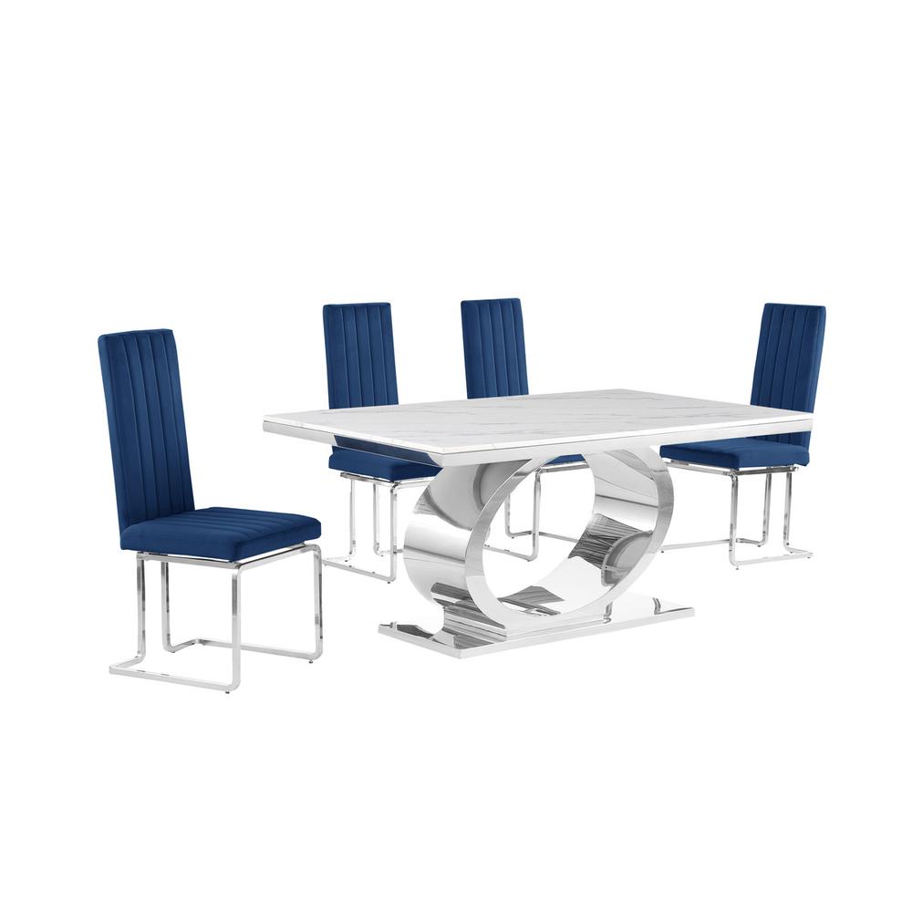 5pc Small(68") marble top dining set with silver base and 4 Navy blue chairs