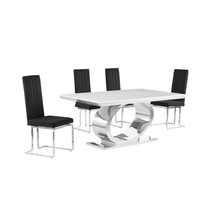 5pc Small(68") marble top dining set with silver base and 4 Black side chairs