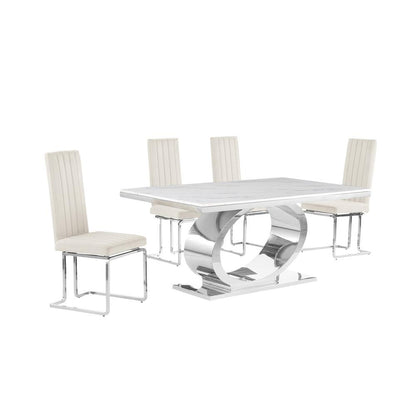 5pc Small(68") marble top dining set with silver base and 4 Cream side chairs