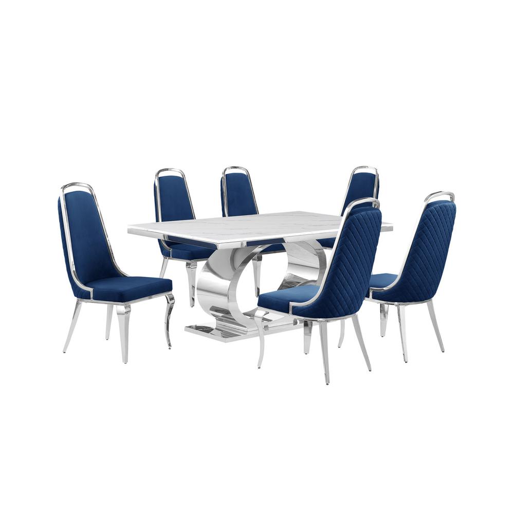 7pc Large(68") marble top dining set with silver base and 6 Navy blue chairs