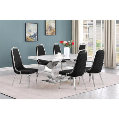 7pc Large(68") marble top dining set with silver base and 6 Black side chairs
