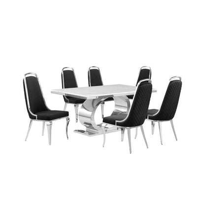 7pc Large(68") marble top dining set with silver base and 6 Black side chairs