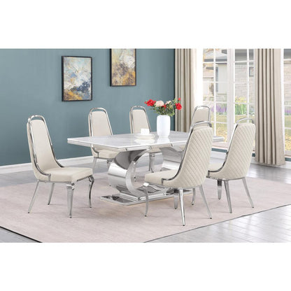 7pc Large(68") marble top dining set with silver base and 6 Cream side chairs