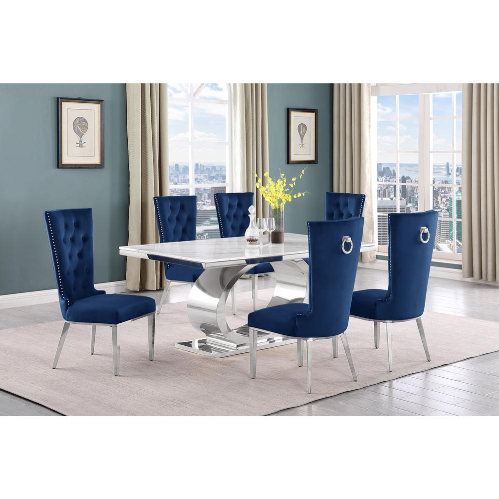 7pc Small(68") marble top dining set with silver base and 6 Navy blue chairs
