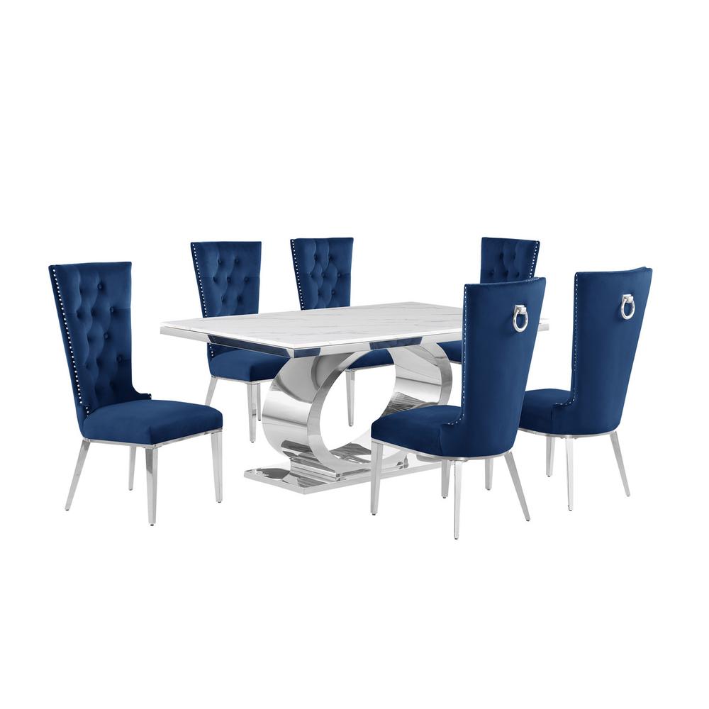 7pc Small(68") marble top dining set with silver base and 6 Navy blue chairs
